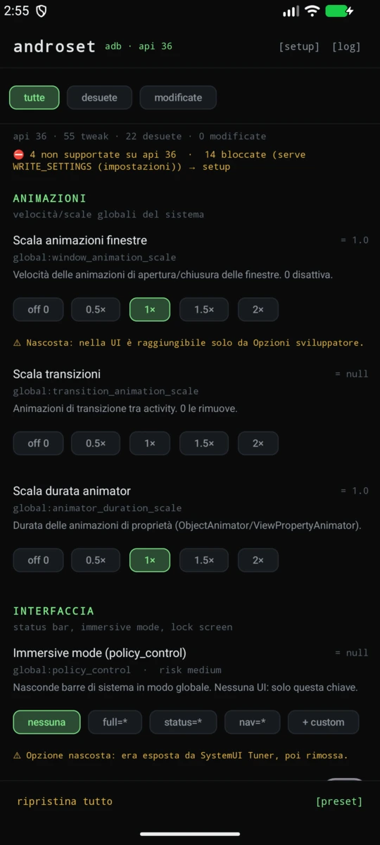 androset: lista delle impostazioni con valore corrente e chip di scelta rapida