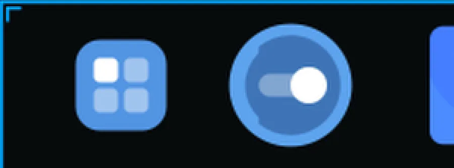 Ingrandimento 3x dell'angolo del pannello: bordo blu di un pixel e parentesi angolare disegnata a mano nell'elemento d'angolo.